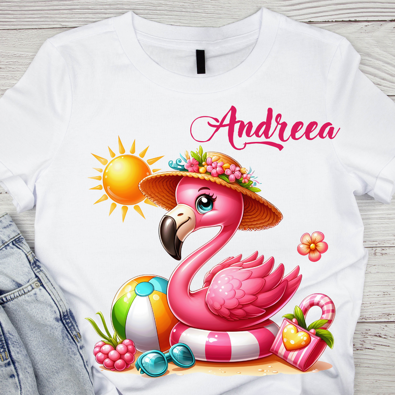Tricou pentru copii sau adulti din bumbac model Flamingo personalizat cu nume  sau poza preferata TC5036