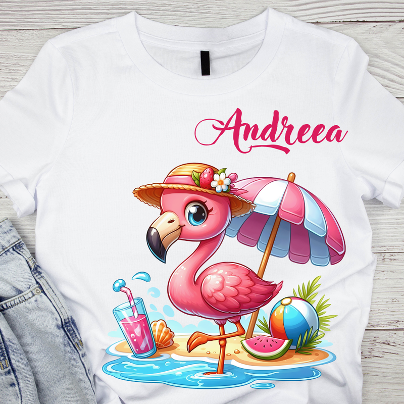 Tricou pentru copii sau adulti din bumbac model Flamingo personalizat cu nume  sau poza preferata TC5037