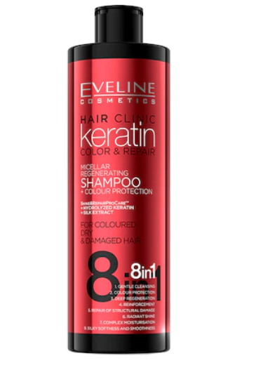 Sampon de par, Eveline Cosmetics, 8 in 1 Hair Clinic keratin color  repair, 400 ml