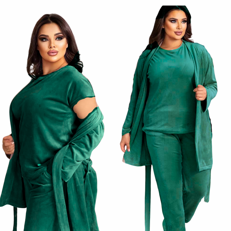 Compleu din catifea 3 piese pijama si halat batal dama, catifea soft, verde emerald 8073-24  e-Cadou