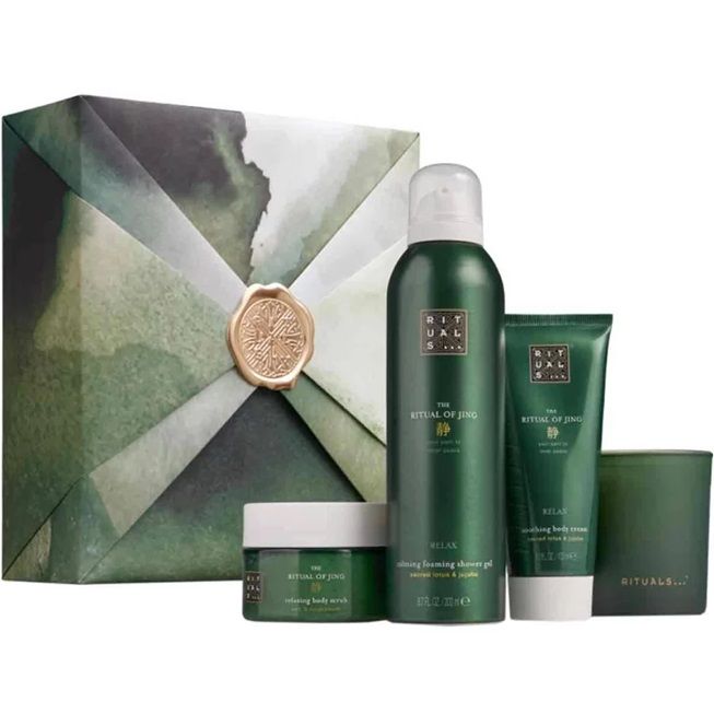 Set Kit Rituals Ritual Of Jing 125 gr Exfoliant de corp + 200 ml Gel de dus spuma +100 ml Crema de corp + 140 gr Lumanare, Unisex