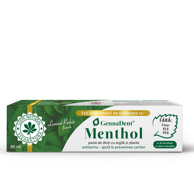 GennaDent Menthol - pastă de dinți naturală  99.9% cu argilă și plante, fără fluor,  80 ml - Leonard Radutz formula - VivaNatura