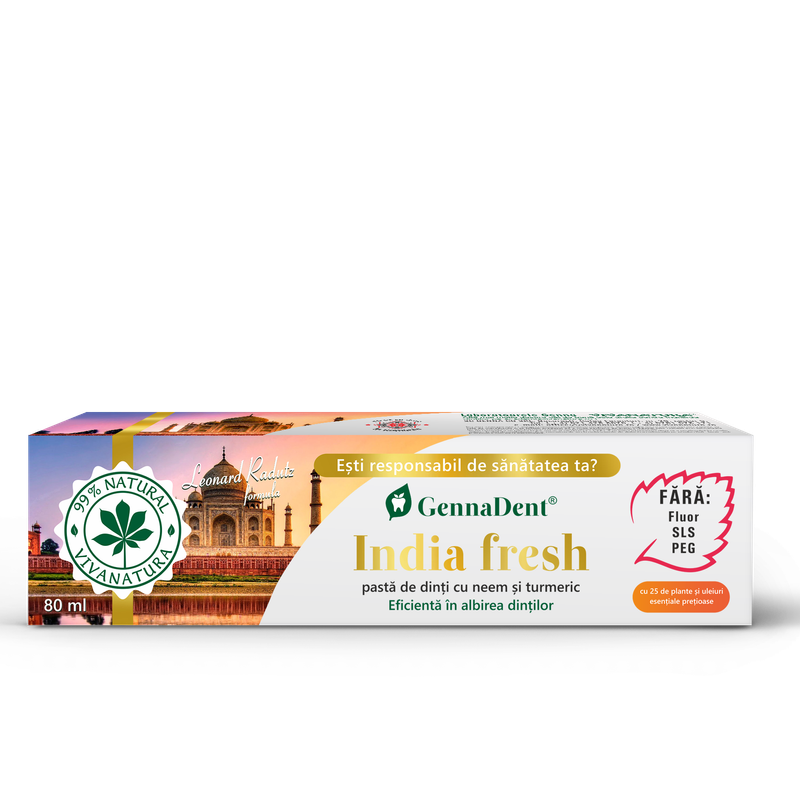 GennaDent India Fresh – Pasta de dinti naturală cu Neem si Turmeric, fara fluor, 80 ml - Leonard Radutz formula
