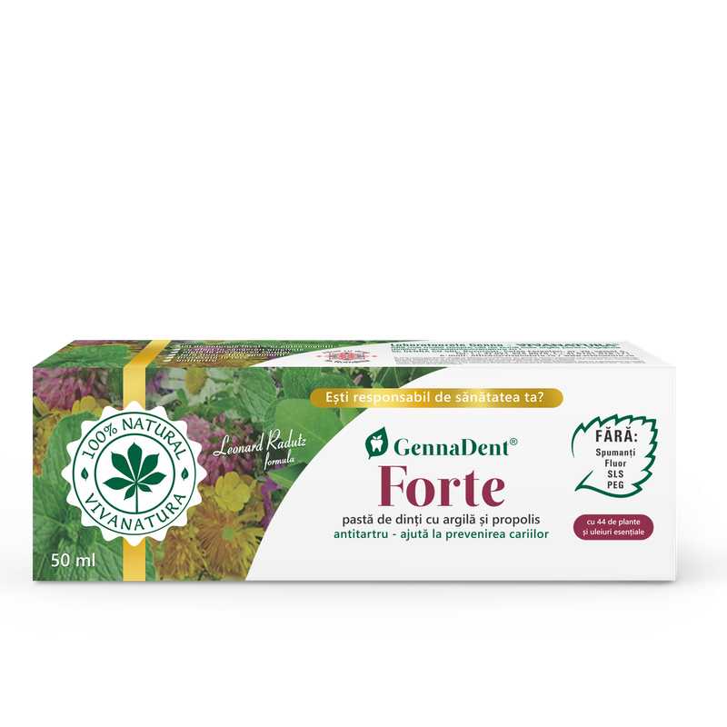 GennaDent Forte - pasta de dinti naturala cu argila si propolis, fara fluor, 50 ml - Leonard  Radutz formula - VivaNatura