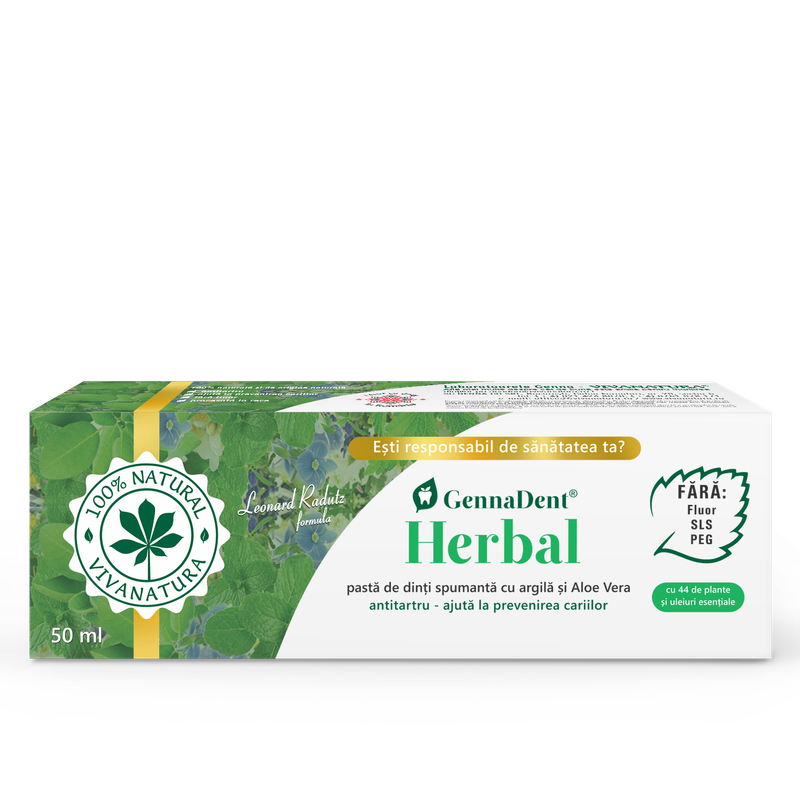 GennaDent Herbal - Pasta de dinti 100 % naturala spumanta cu argila si Aloe Vera, fără fluor 50 ml - Leonard Radutz formula - VivaNatura
