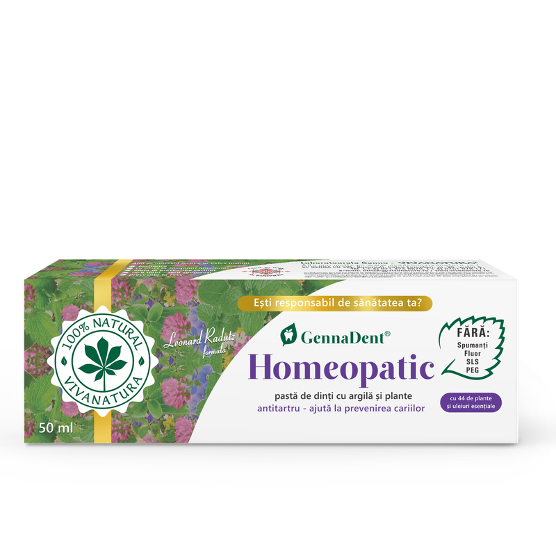 GennaDent Homeopatic - pasta de dinti naturala 100 % cu argila si plante, fara fluor, 50 ml - Leonard Radutz formula - VivaNatura