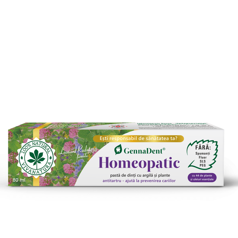 GennaDent Homeopatic - pasta de dinti naturala 100% cu argila si plante, fara fluor, 80 ml - Leonard Radutz formula - VivaNatura