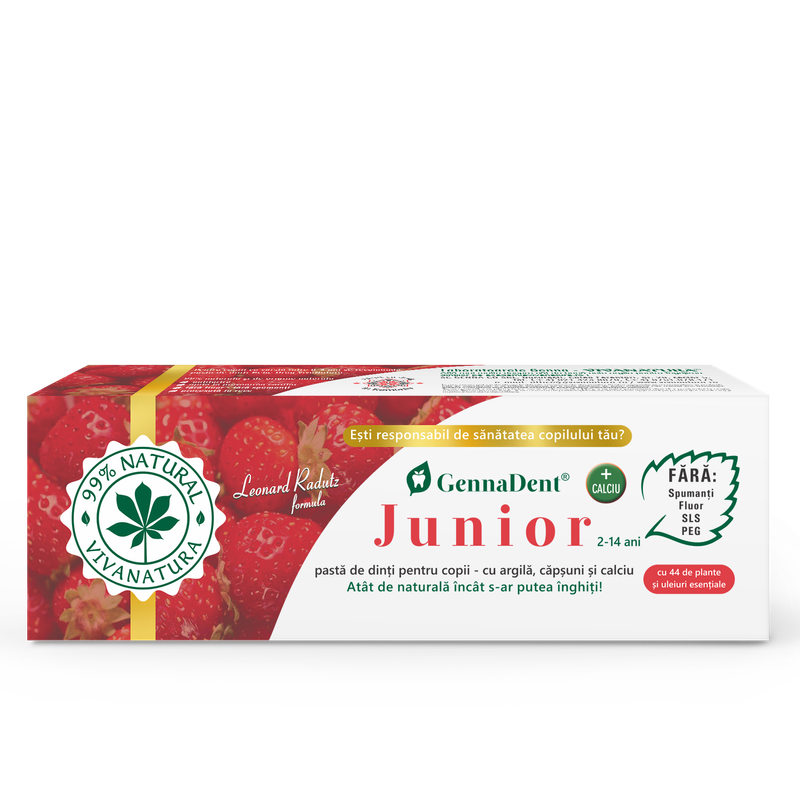 GennaDent Junior Capsuni– pasta de dinti naturală pentru copii cu argila si capsuni, fara fluor, 50 ml – Leonard Radutz formula – VivaNatura