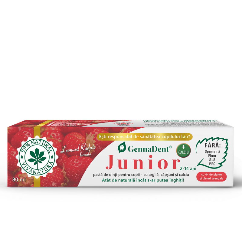 GennaDent Junior Capsuni– pasta de dinti naturală pentru copii cu argila si capsuni, fara fluor, 80 ml – Leonard Radutz formula – VivaNatura