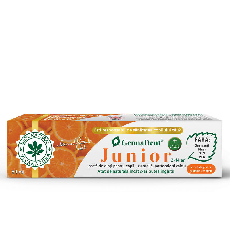 GennaDent Junior Portocale - pasta de dinti naturală pentru copii cu argila si portocale, fara fluor, 80 ml - Leonard Radutz formula - VivaNatura