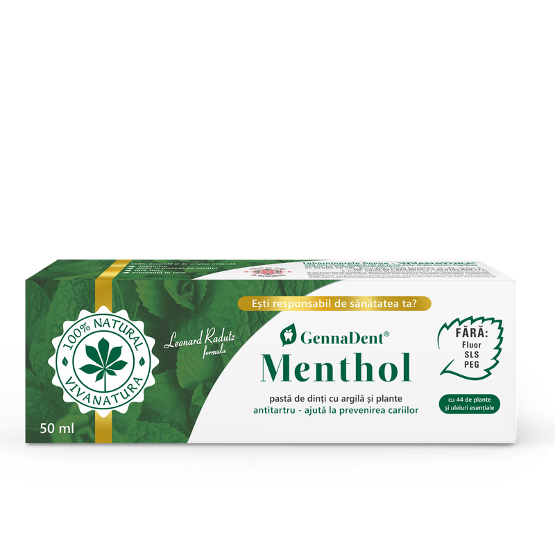 GennaDent Menthol – pastă de dinți naturală 99.9 % cu argilă și plante, fără fluor, 50 ml – Leonard Radutz formula – VivaNatura