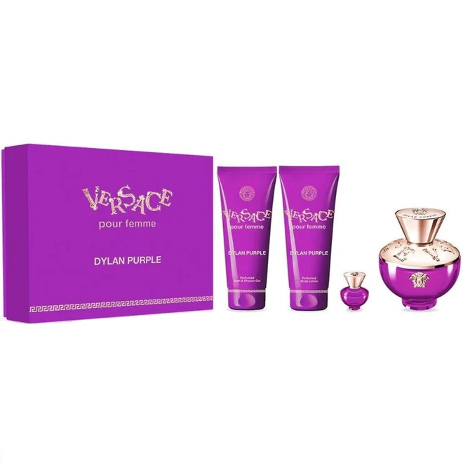 Set Apa de Parfum Versace Dylan Purple 100 ml + 5 ml + 100 ml Gel de dus + 100 ml Lotiune de corp, Femei